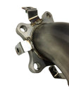 Metallic exhaust pipe with clamp on a white background