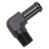 Edelbrock Hose End 90-Degree 3/8In NPT to 1/2In Barb Black Anodize Edelbrock