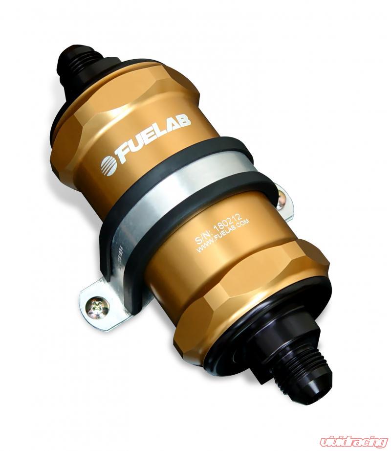 Fuelab 818 In-Line Fuel Filter Standard -10AN In/-6AN Out 10 Micron Fabric - Gold Fuelab
