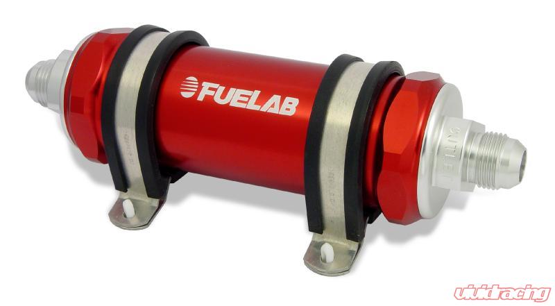 Fuelab 828 In-Line Fuel Filter Long -10AN In/-6AN Out 10 Micron Fabric - Red Fuelab