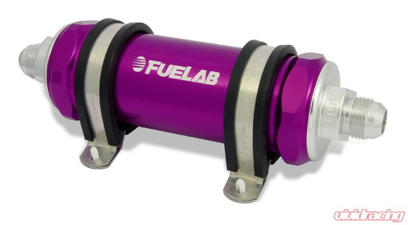 Fuelab 828 In-Line Fuel Filter Long -12AN In/-6AN Out 10 Micron Fabric - Purple Fuelab