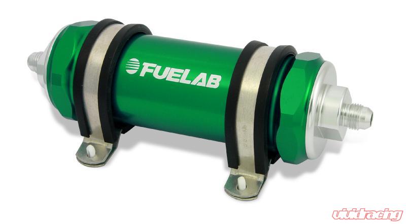 Fuelab 828 In-Line Fuel Filter Long -10AN In/-6AN Out 10 Micron Fabric - Green Fuelab
