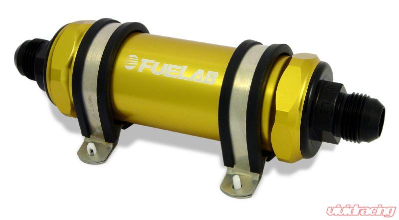 Fuelab 828 In-Line Fuel Filter Long -8AN In/-10AN Out 40 Micron Stainless - Gold Fuelab