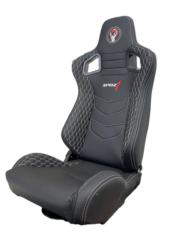 SPDZ1 Katana Racing Seats Black Leather with White Cross Stitch Reclinable